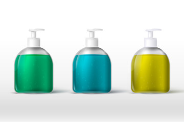 set of liquid cosmetics tube with pump. Coronavirus hand protection, hand sanitizer 3d realistic container, hand wash gel. alcohol hand wash gel with pump dispenser