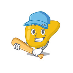 Attractive liver caricature in character playing baseball