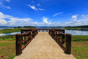 Dam and Reservoir viewpoint in sunny day with clouds Blue sky background, For use in agriculture and industry