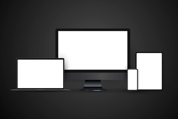 Realistic set of devices mockups with monitor, laptop, tablet, smartphone. Dark theme.