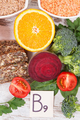 Healthy products as source folic acid, minerals, vitamin B9 and fiber, nutritious eating concept