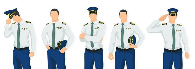 Set of airplane pilot in modern style vector illustration, man simple flat shadow isolated on white background, captain. © Flatman vector 24