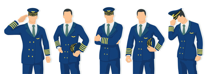 Set of airplane pilot in modern style vector illustration, man simple flat shadow isolated on white background, captain. - obrazy, fototapety, plakaty