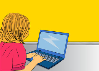 Pop Art Businesswoman working from home - comic book style, cartoon woman with a laptop. Freelance woman work in comfortable