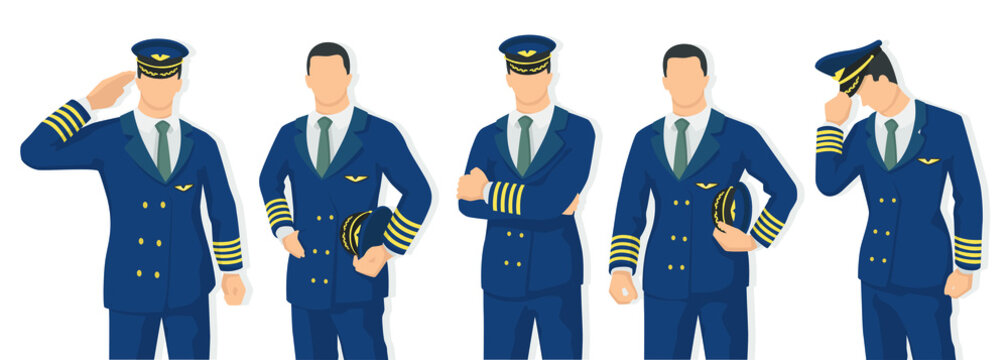 Set of airplane pilot in modern style vector illustration, man simple flat shadow isolated on white background, captain.