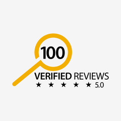 100 verified reviews with magnifying glass. Flat design. Vector Illustration on white background.