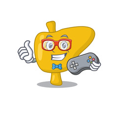 Mascot design style of liver gamer playing with controller