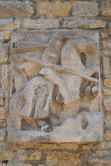 GERMANY, BIELEFELD-AUGUST 10, 2018: Bas-relief of medieval knight on horseback.Support the bridge of ancient castle Sparrenburg