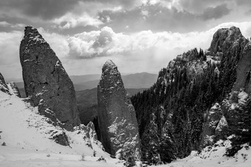 massive rocks on the snowy mountain