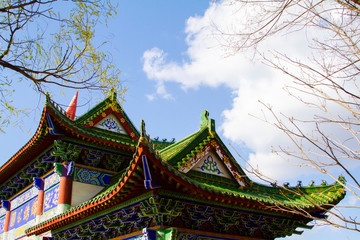 Roof of Chinese temple pavilion architecture and sky