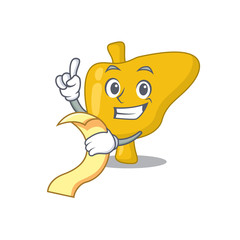 Liver mascot character style with a menu on his hand