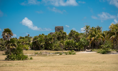 View of Tulum, Mayan culture prehispanic ruins, archaeological site in Mexico