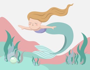Cute little girl mermaid cartoon with ocean background