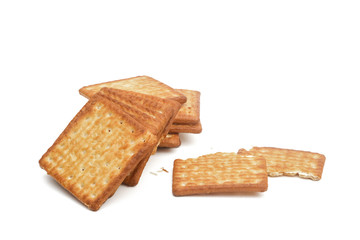 Close up cream crackers over white background. Isolated image.