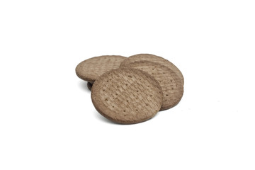 Close up chocolate biscuit over white background. Isolated image