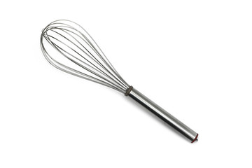 Close up egg beater over white background from top view.