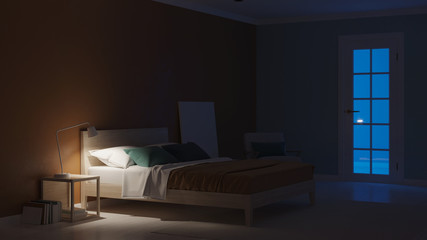 Modern bedroom interior with blue walls. Night. Evening lighting. 3D rendering.
