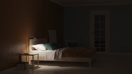 Modern bedroom interior with blue walls. Night. Evening lighting. 3D rendering.