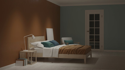 Modern bedroom interior with blue walls. Night. Evening lighting. 3D rendering.