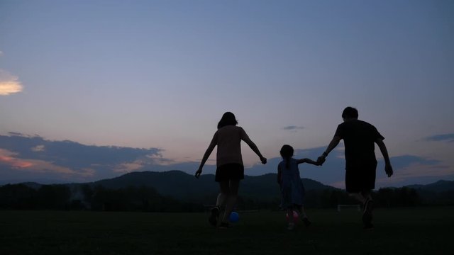 Happy family, father, mother, daughter in nature, sunset.