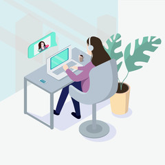 A woman having a conference call with a work colleague online. Vector illustration in an isometric projection.