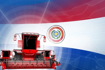 Fototapeta na wymiar Digital industrial 3D illustration of red modern rye combine harvesters on Paraguay flag, farming equipment modernisation concept