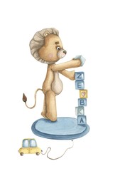 Hand drawn watercolor colorful isolated on the flat background illustration. Baby lion little boy. Playing cubes and a toy car. making the word zebra.