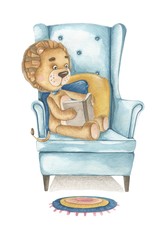 Hand drawn watercolor colorful isolated on the flat background illustration. Baby lion little boy. Reading a book sitting on the armchair.