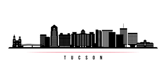 Obraz premium Tucson skyline horizontal banner. Black and white silhouette of Tucson, Arizona. Vector template for your design.