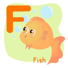 Hand draw Illustration of Capital Letter "F" with Object stand for Fish. For children education card, board, presentation, wallpaper, card, decoration.