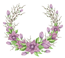 Wreath of purple magnolia branches