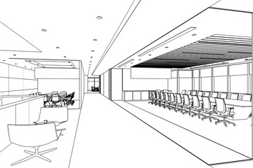 interior outline sketch drawing perspective of a space office