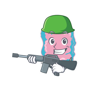 A cartoon picture of Army intestine holding machine gun