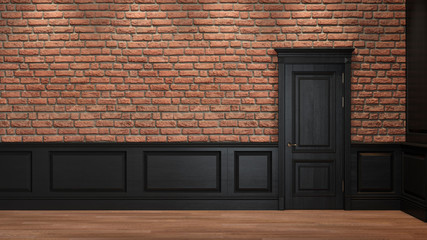 Loft interior with brick wall, panels and door. 3d render illustration mockup.