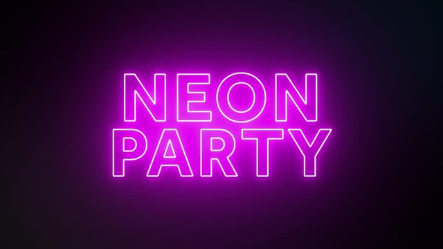 Neon party neon sign fluorescent light glowing on signboard background. Text Neon party by neon lights sign in dark night. The best stock of party neon flickering, flash and blinking
