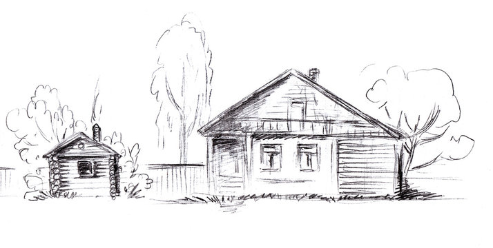Pencil-drawn log village residential building with a fence and a bathhouse or barn.