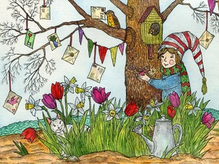 Boy in the garden. Spring flowers. Bright watercolor and ink illustration. Cute illustration for the decor and design of posters, postcards, prints, stickers, invitations, textiles and stationery.