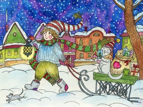 A boy and a cat walk in the winter. Bright watercolor and ink illustration. Cute illustration for the decor and design of posters, postcards, prints, stickers, invitations, textiles and stationery.