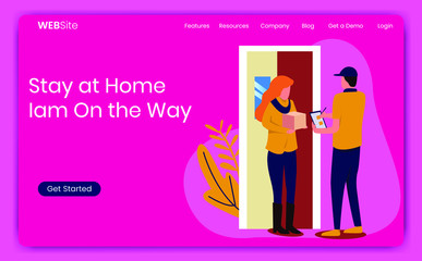 Deliverers at the door of the house deliver package boxes to woman at home. Modern flat style vector illustration design with a white background for a website or landing page