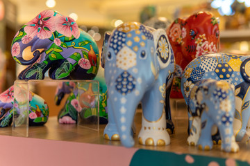 Colorful flower elephants on display in shopping mall