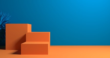 3d illustration of abstract orange & blue color geometric shape , modern minimalist mockup for podium display or showcase