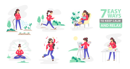 Fototapeta na wymiar 7 ways to keep calm and relax. Set of people gardening, cooking, dancing, reading, painting, meditating, running. Daily activity or hobbie. Flat style vector illustration