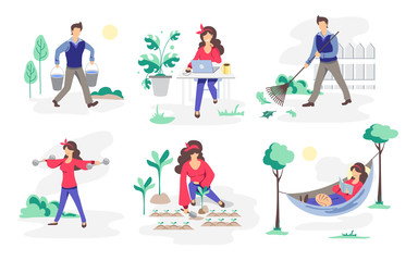Fototapeta na wymiar Set of people working in the garden. Mental health. Daily activity or hobbie. Flat style vector illustration