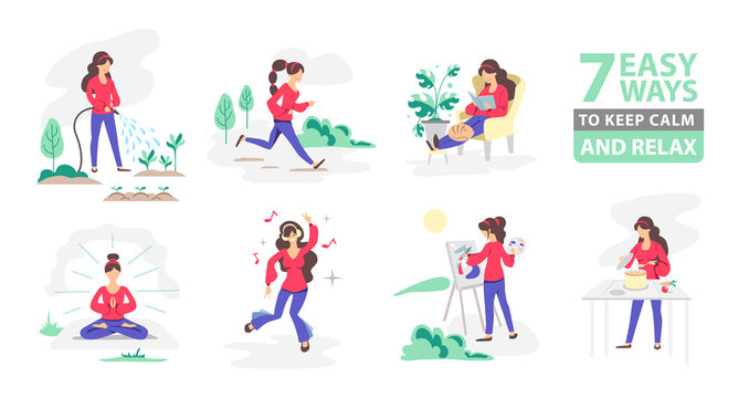 7 ways to keep calm and relax. Set of people gardening, cooking, dancing, reading, painting, meditating, running.  Daily activity or hobbie. Flat style vector illustration