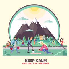 Different people walking in the park. Mountain village landscape. Flat style vector illustration
