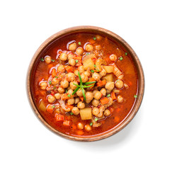 Appetizing chickpea soup isolated on white background