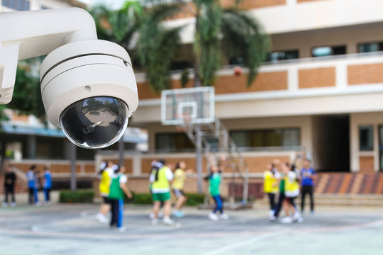 Outdoor CCTV monitoring, security cameras at school building.