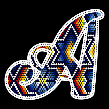 initial capital letter A with colorful dots. Abstract design inspired in mexican huichol beaded craft art style. Isolated on black background