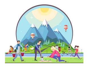 Fototapeta premium Different people walking in the park. Mountain village landscape. Flat style vector illustration