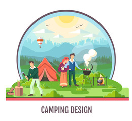 People camping in the wild nature. Outdoor adventure. Flat style vector illustration.